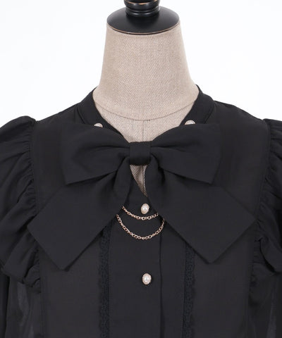 Stand Collar Frill Blouse with Ribbon