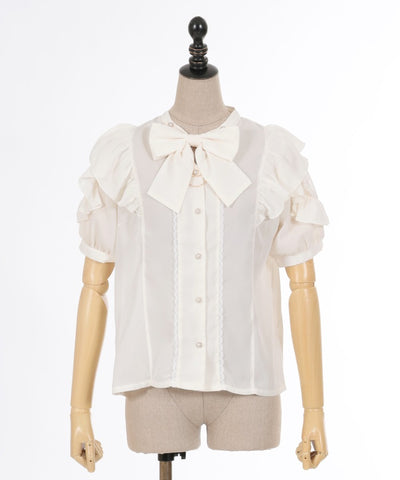 Stand Collar Frill Blouse with Ribbon