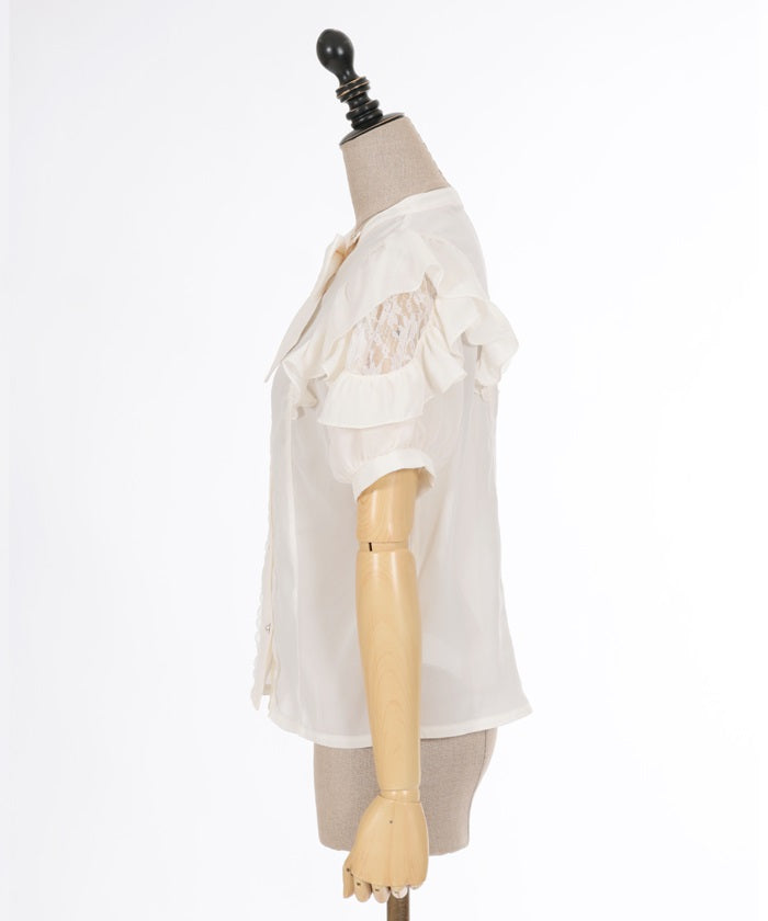 Stand Collar Frill Blouse with Ribbon