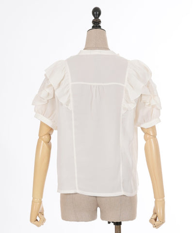 Stand Collar Frill Blouse with Ribbon