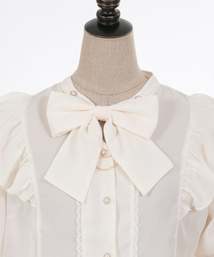 Stand Collar Frill Blouse with Ribbon