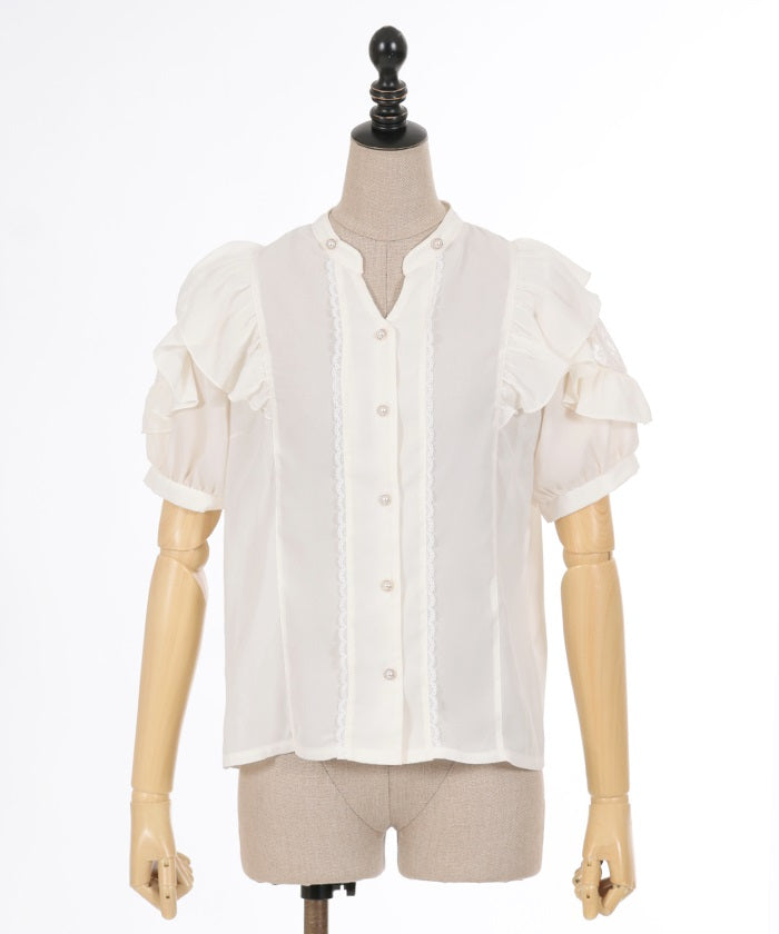 Stand Collar Frill Blouse with Ribbon