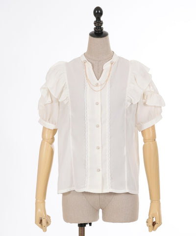 Stand Collar Frill Blouse with Ribbon