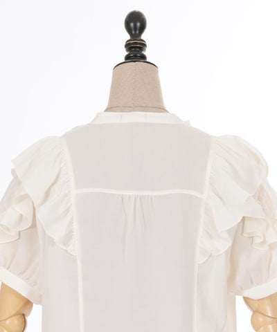 Stand Collar Frill Blouse with Ribbon