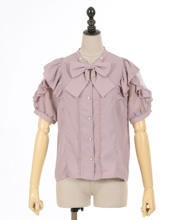 Stand Collar Frill Blouse with Ribbon