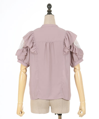 Stand Collar Frill Blouse with Ribbon