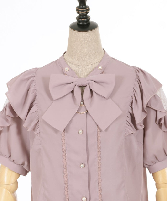 Stand Collar Frill Blouse with Ribbon