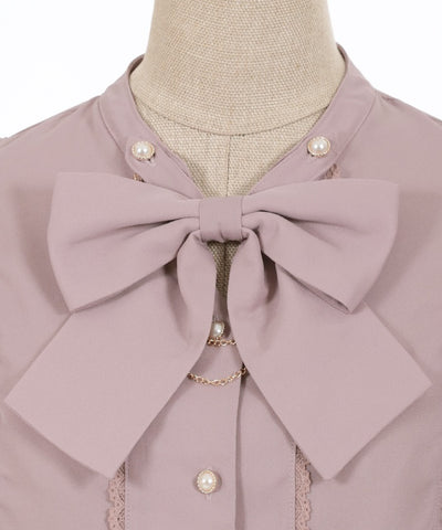 Stand Collar Frill Blouse with Ribbon