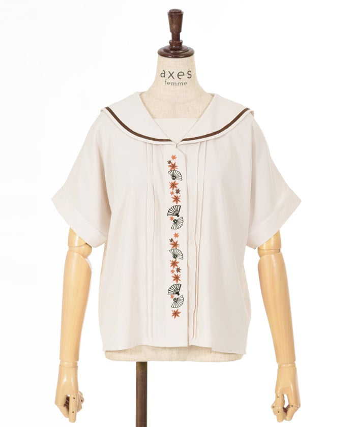 Folding Fan & Autumn Leaves Embroidery Sailor Blouse (Time-limited Price)