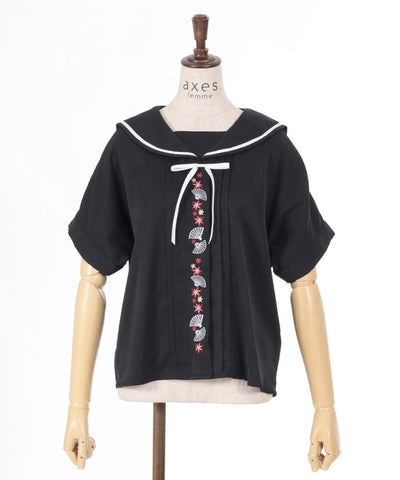 Folding Fan & Autumn Leaves Embroidery Sailor Blouse