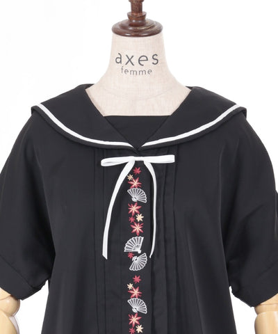 Folding Fan & Autumn Leaves Embroidery Sailor Blouse (Time-limited Price)