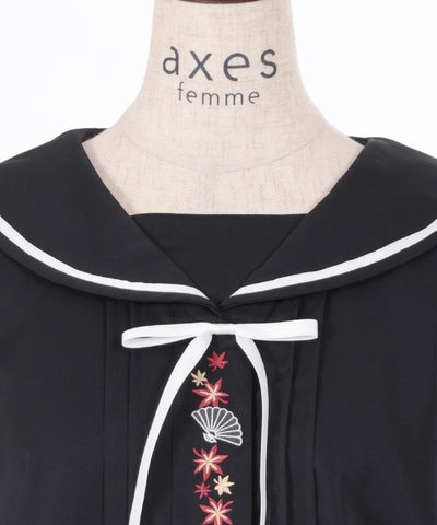 Folding Fan & Autumn Leaves Embroidery Sailor Blouse (Time-limited Price)