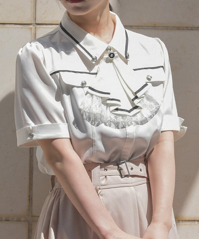 Frill Jabot Color Scheme Line Blouse