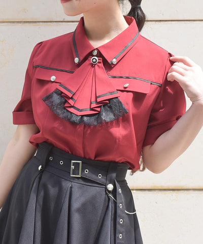 Frill Jabot Color Scheme Line Blouse