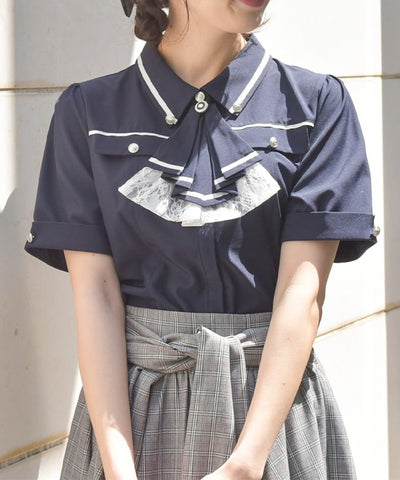 Frill Jabot Color Scheme Line Blouse