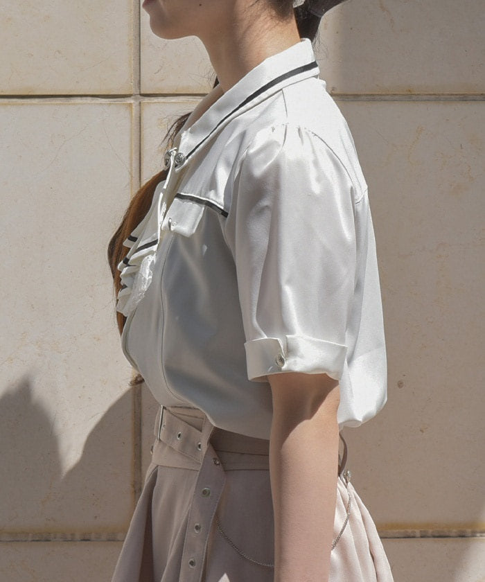 Frill Jabot Color Scheme Line Blouse