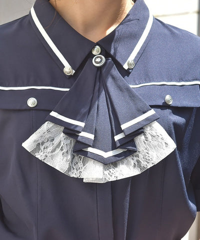 Frill Jabot Color Scheme Line Blouse