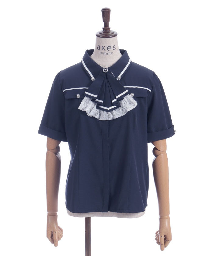 Frill Jabot Color Scheme Line Blouse