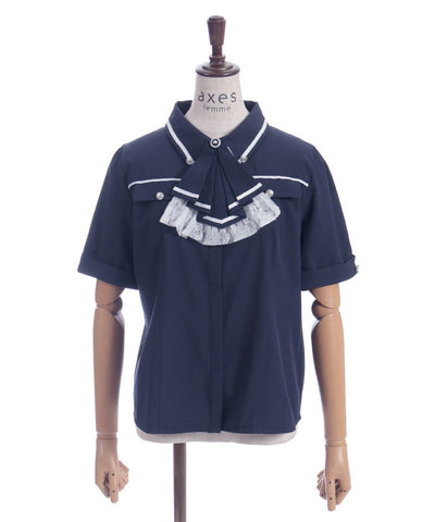 Frill Jabot Color Scheme Line Blouse