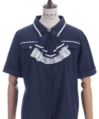 Frill Jabot Color Scheme Line Blouse