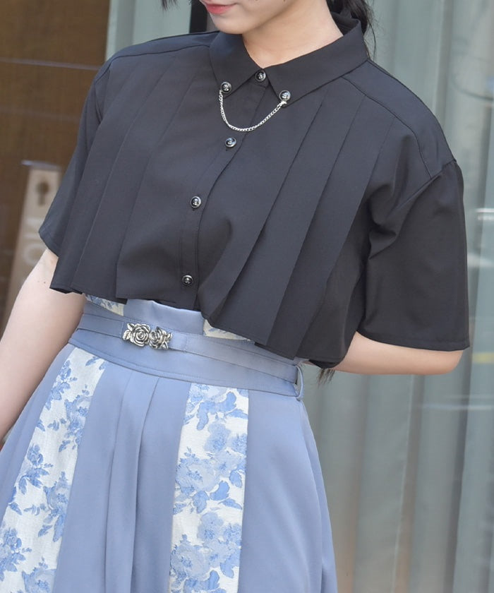 Pleated Flap Design Blouse with Chain