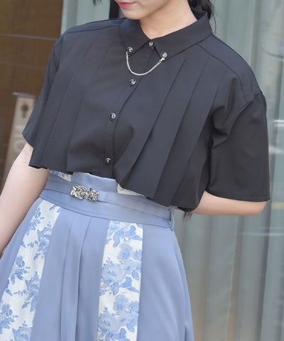 Pleated Flap Design Blouse with Chain