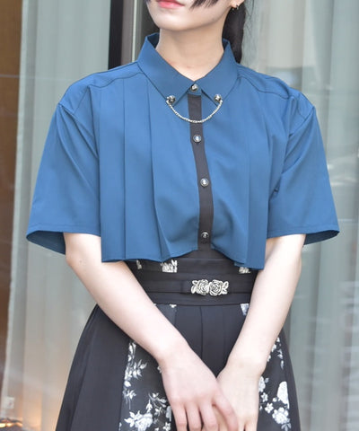 Pleated Flap Design Blouse with Chain