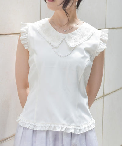 Pearl Rose Embroidery Sleeveless Blouse
