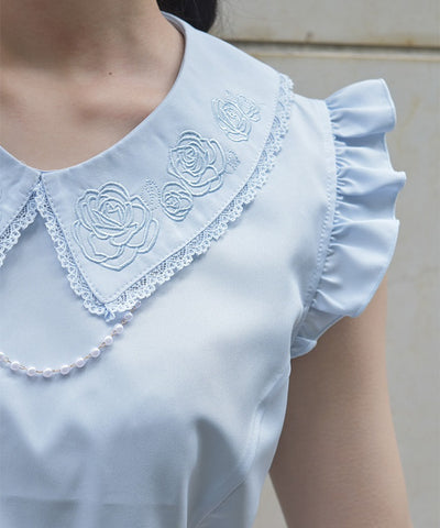 Pearl Rose Embroidery Sleeveless Blouse