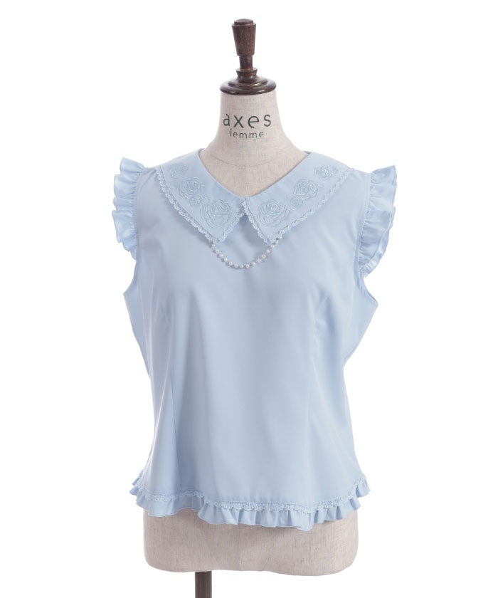 Pearl Rose Embroidery Sleeveless Blouse
