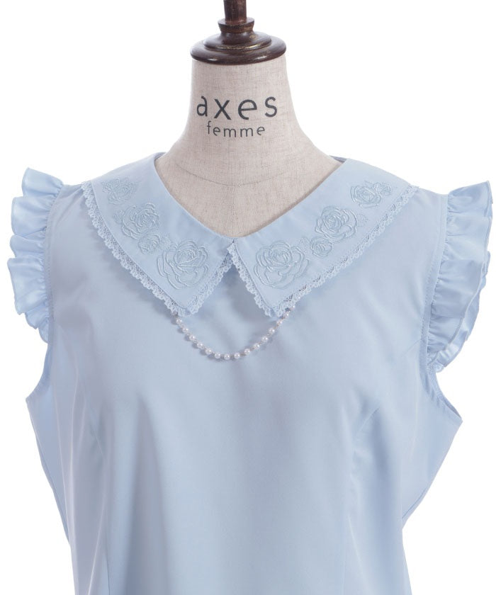 Pearl Rose Embroidery Sleeveless Blouse