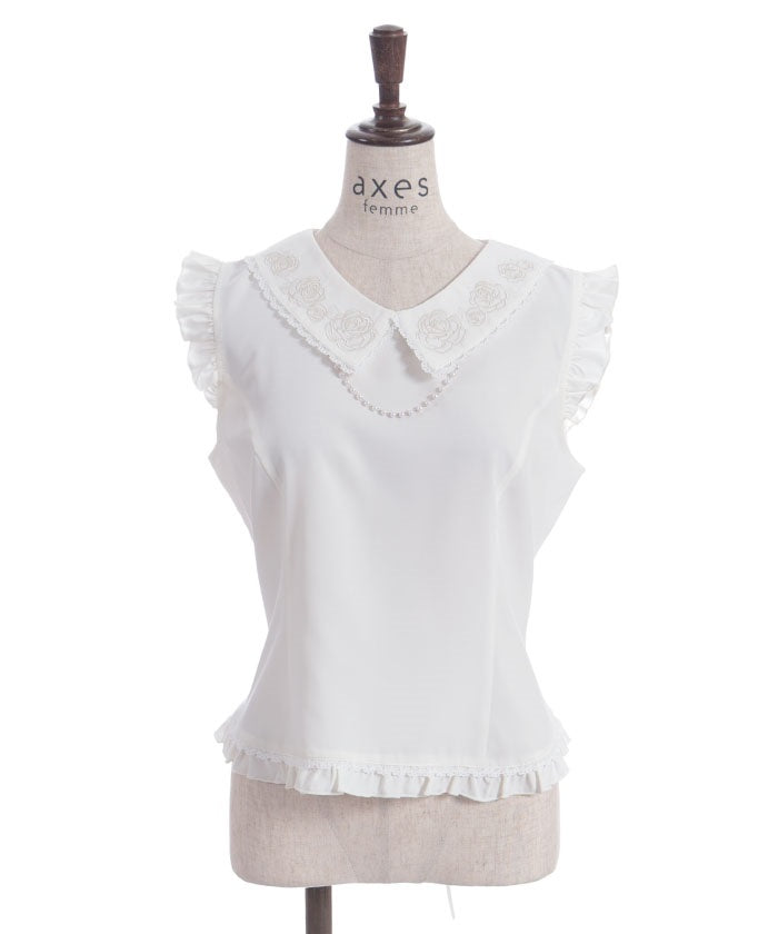 Pearl Rose Embroidery Sleeveless Blouse