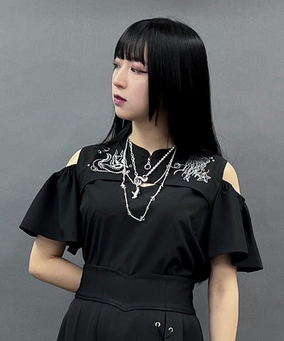 Dark Marine Embroidery Open Shoulder Blouse