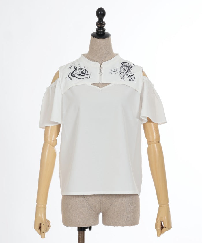 Dark Marine Embroidery Open Shoulder Blouse