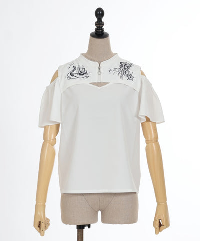 Dark Marine Embroidery Open Shoulder Blouse