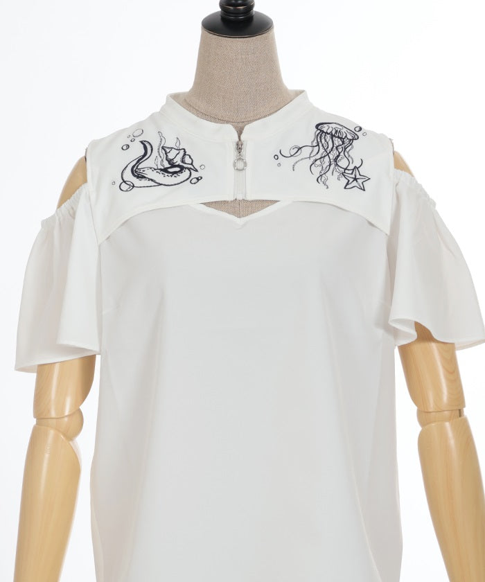 Dark Marine Embroidery Open Shoulder Blouse