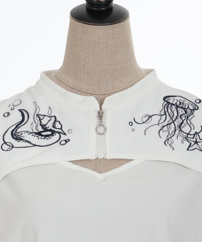 Dark Marine Embroidery Open Shoulder Blouse