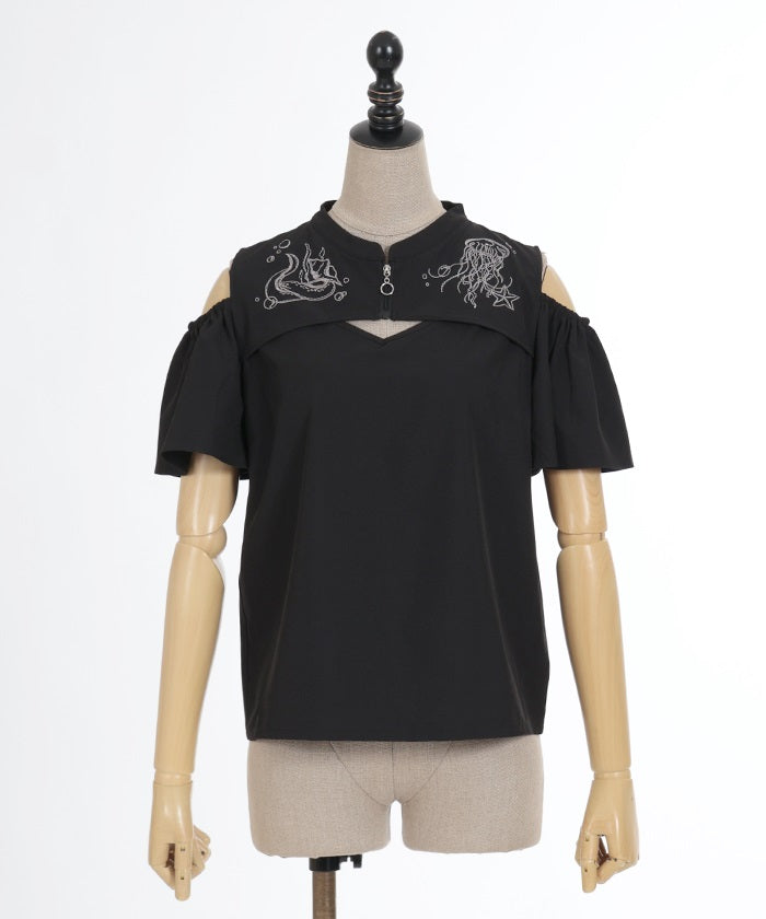 Dark Marine Embroidery Open Shoulder Blouse