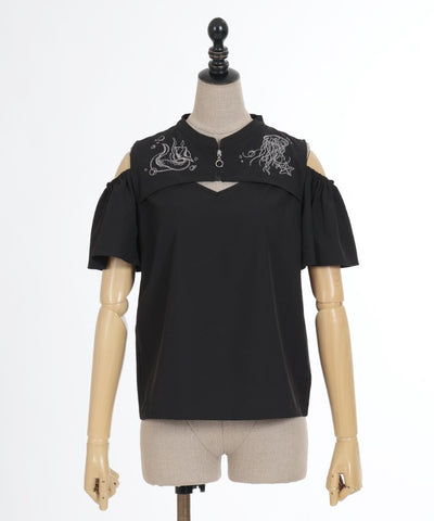 Dark Marine Embroidery Open Shoulder Blouse