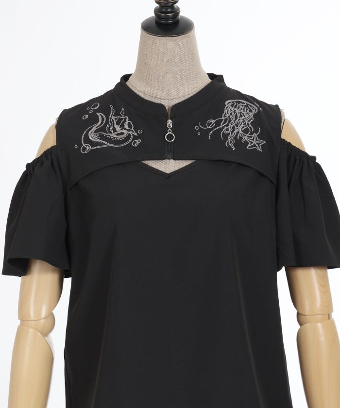 Dark Marine Embroidery Open Shoulder Blouse