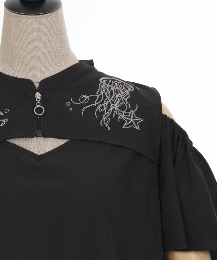 Dark Marine Embroidery Open Shoulder Blouse