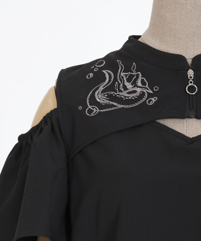 Dark Marine Embroidery Open Shoulder Blouse