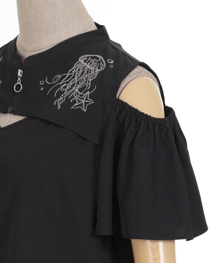 Dark Marine Embroidery Open Shoulder Blouse