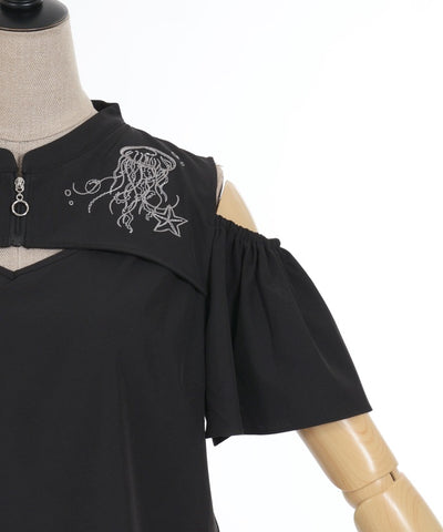 Dark Marine Embroidery Open Shoulder Blouse