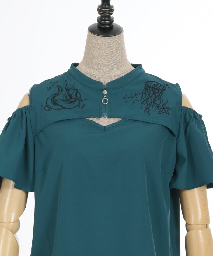 Dark Marine Embroidery Open Shoulder Blouse