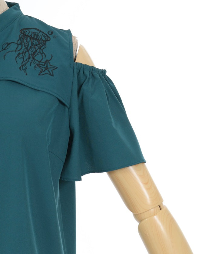 Dark Marine Embroidery Open Shoulder Blouse