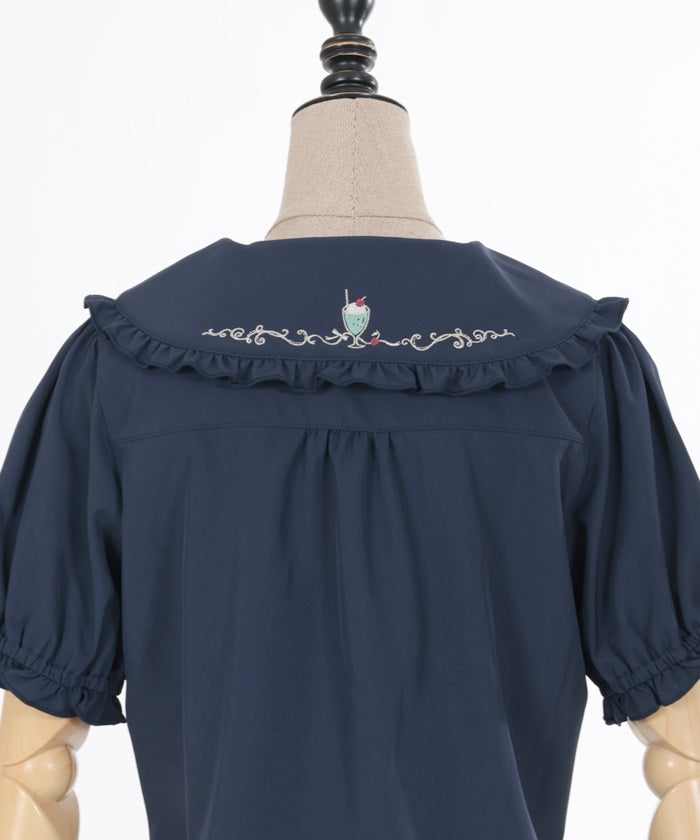 Retro Cafe Embroidery Puff Sleeve Blouse