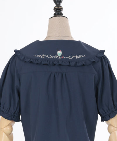 Retro Cafe Embroidery Puff Sleeve Blouse