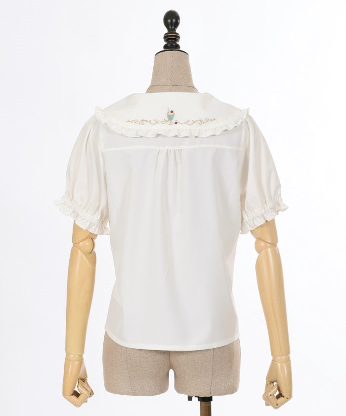 Retro Cafe Embroidery Puff Sleeve Blouse