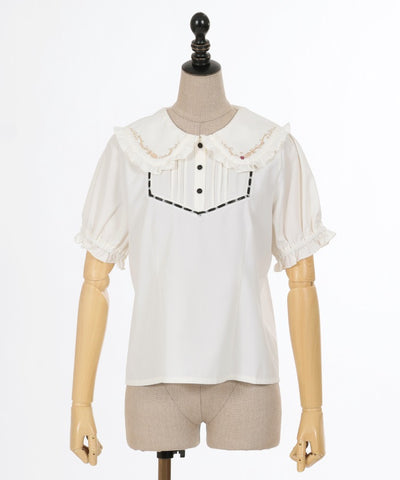 Retro Cafe Embroidery Puff Sleeve Blouse